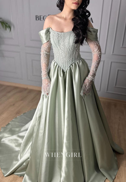 A-Line Off Shoulder Long Sleeves Pleated Evening Dress