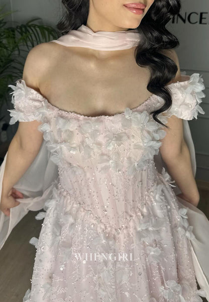 Pink Off Shoulder Floral A-Line Evening Dress with Scarf