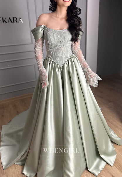 A-Line Off Shoulder Long Sleeves Pleated Evening Dress