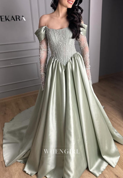 A-Line Off Shoulder Long Sleeves Pleated Evening Dress