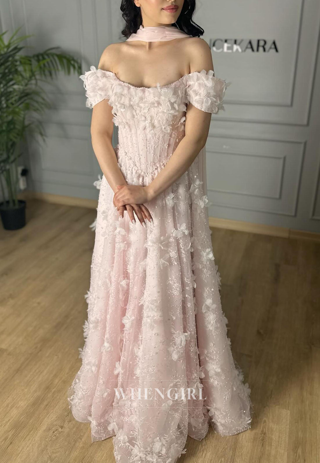 Pink Off Shoulder Floral A-Line Evening Dress with Scarf