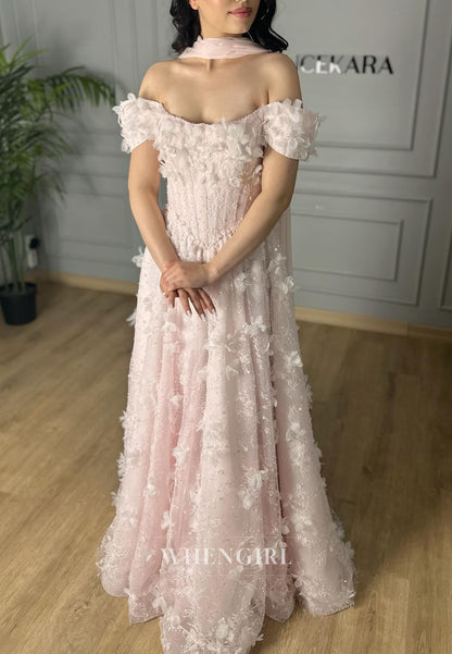 Pink Off Shoulder Floral A-Line Evening Dress with Scarf