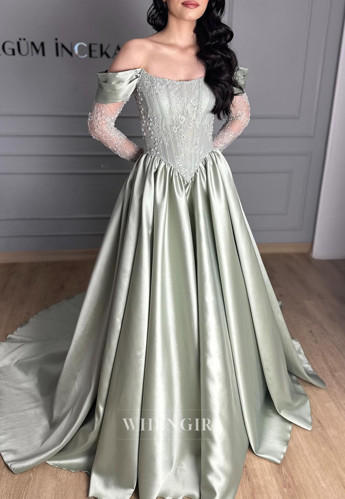 A-Line Off Shoulder Long Sleeves Pleated Evening Dress