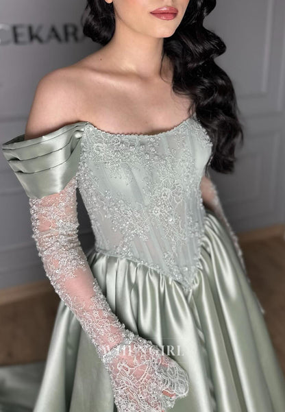 A-Line Off Shoulder Long Sleeves Pleated Evening Dress