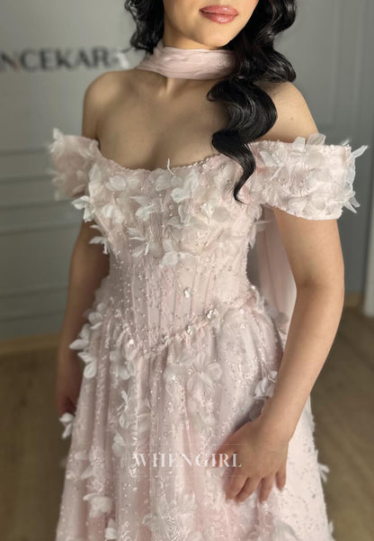 Pink Off Shoulder Floral A-Line Evening Dress with Scarf