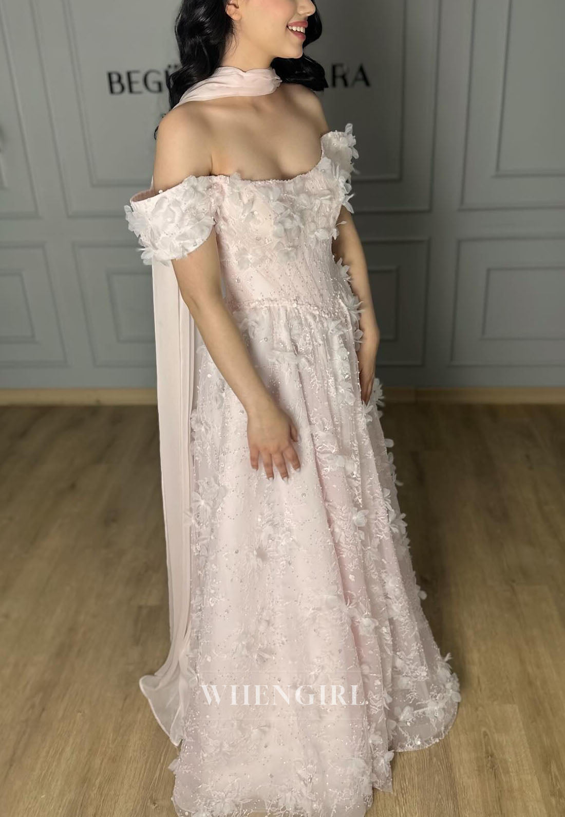 Pink Off Shoulder Floral A-Line Evening Dress with Scarf