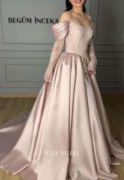 A-Line Off Shoulder Long Sleeves Pleated Evening Dress
