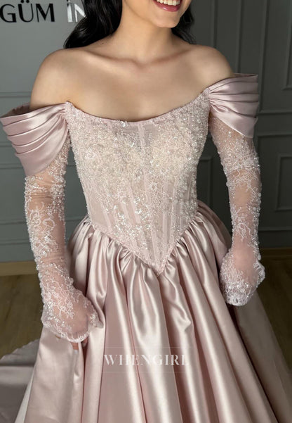 A-Line Off Shoulder Long Sleeves Pleated Evening Dress