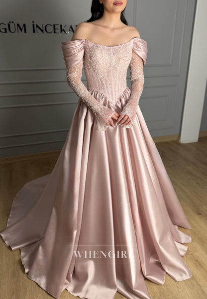 A-Line Off Shoulder Long Sleeves Pleated Evening Dress