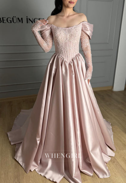 A-Line Off Shoulder Long Sleeves Pleated Evening Dress