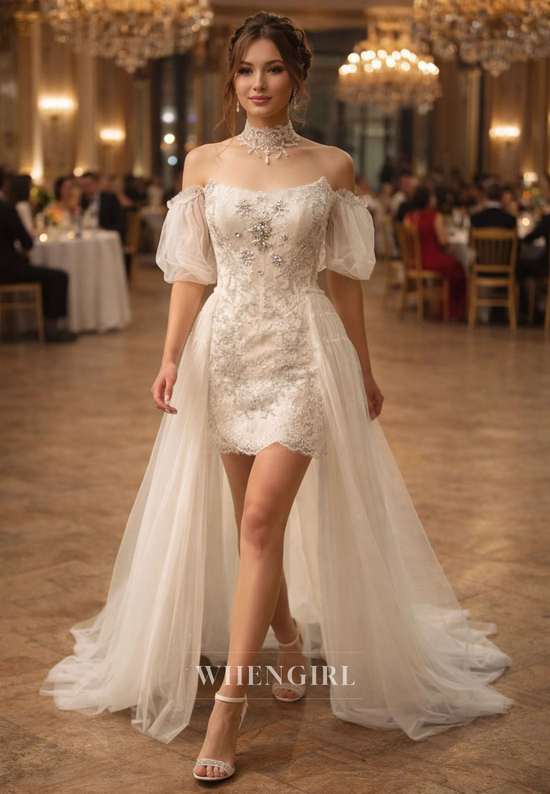 Sheath Rhinestones Beading Puff Sleeves Mini Wedding Dress with Train