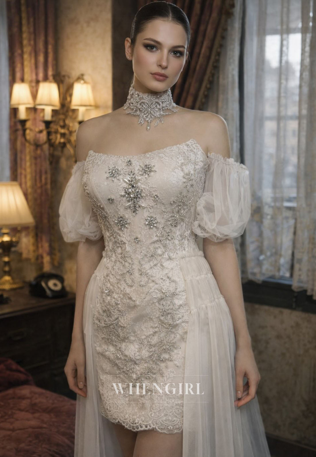 Sheath Rhinestones Beading Puff Sleeves Mini Wedding Dress with Train