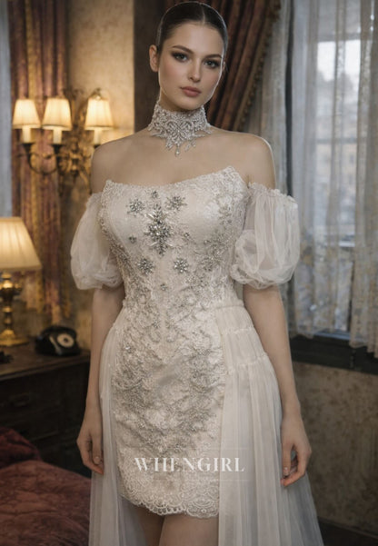 Sheath Rhinestones Beading Puff Sleeves Mini Wedding Dress with Train