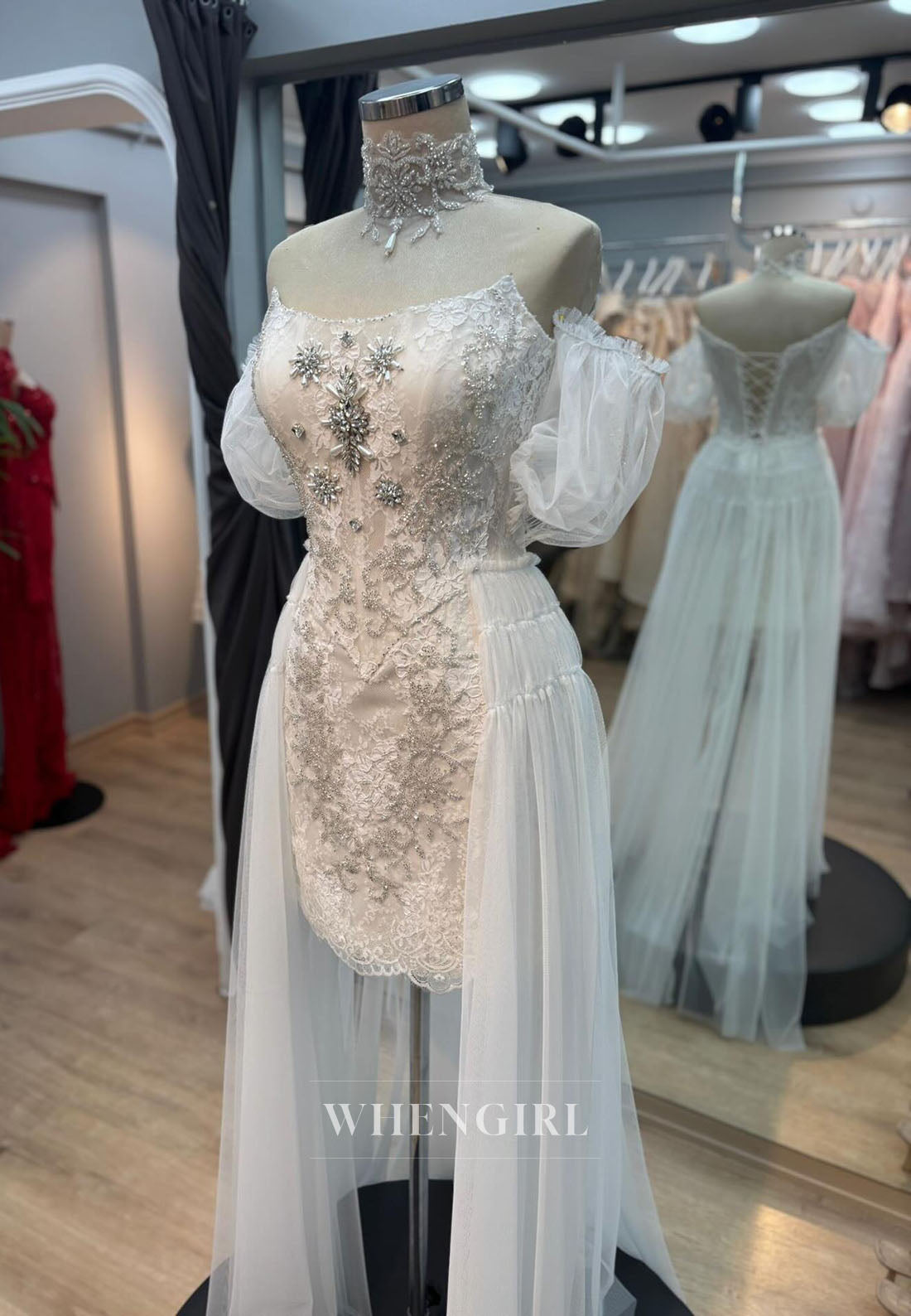 Sheath Rhinestones Beading Puff Sleeves Mini Wedding Dress with Train