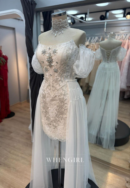 Sheath Rhinestones Beading Puff Sleeves Mini Wedding Dress with Train