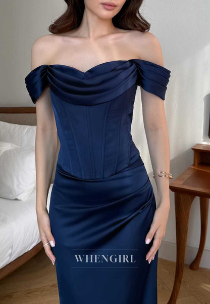 Navy Off Shoulder Ruched Sheath Formal Dress