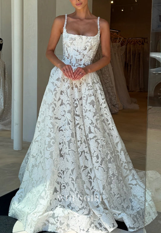 Square Neck Sleeveless Appliqued Beaded Straps A-Line Wedding Dress