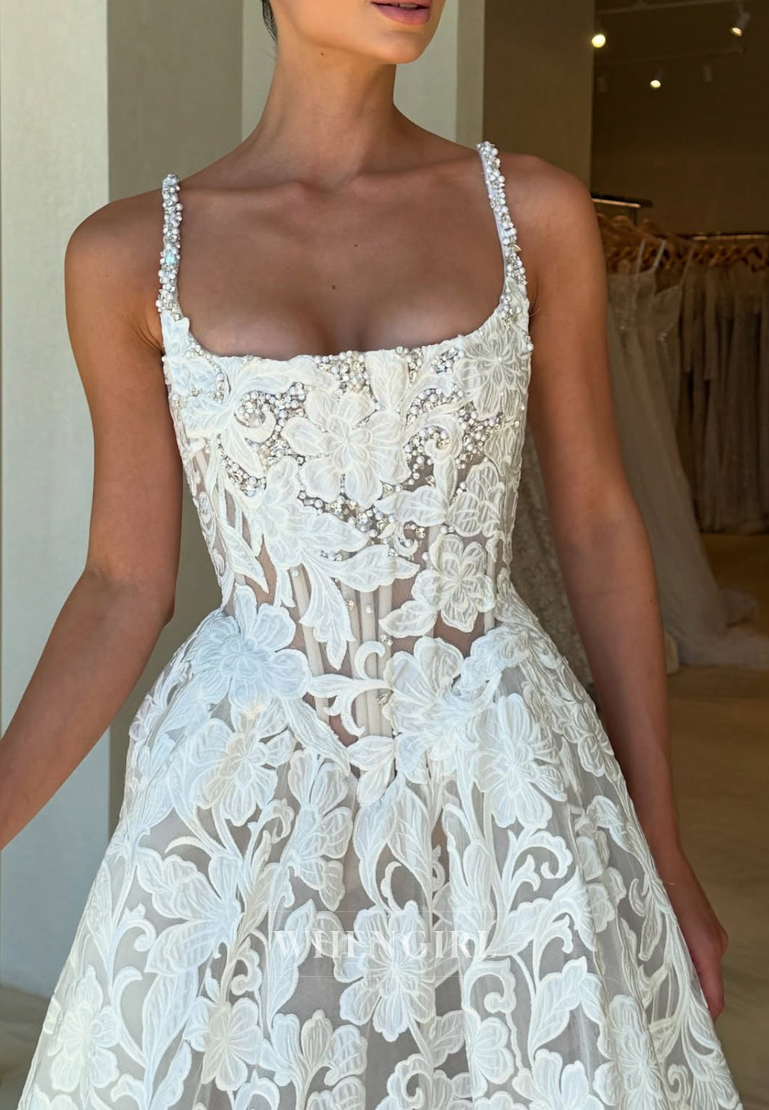 Square Neck Sleeveless Appliqued Beaded Straps A-Line Wedding Dress