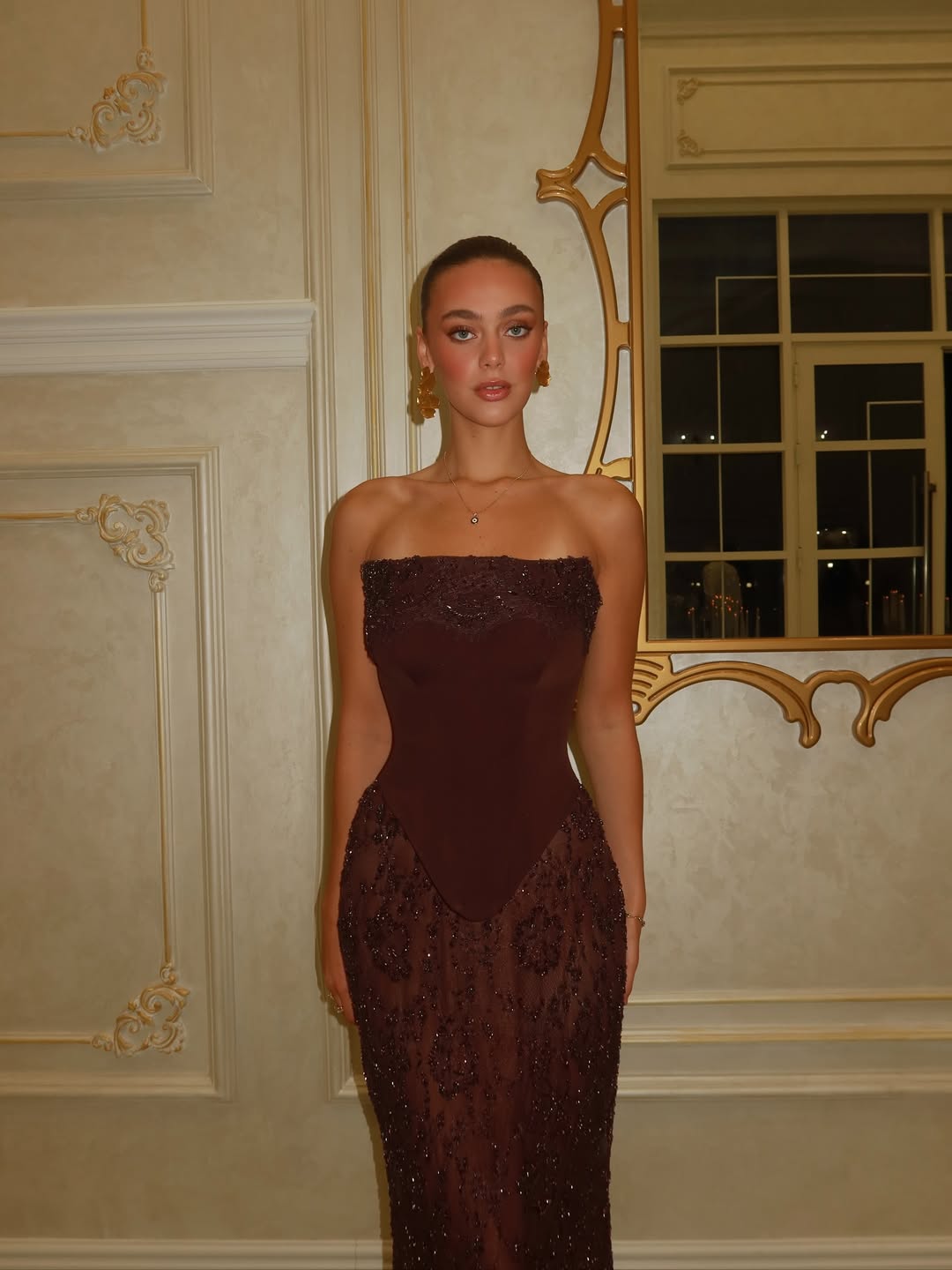 Elegant Brown Beadings Straight Across Sleeveless Prom Dress