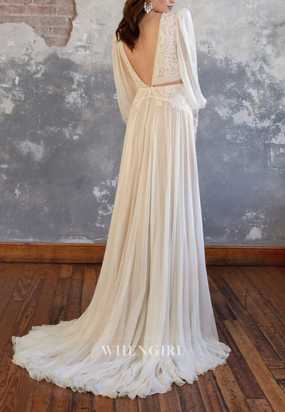 A-Line V Neck Appliqued Lace Long Sleeves Cut Out Side Slit Sweep Train Boho Beach Wedding Dress