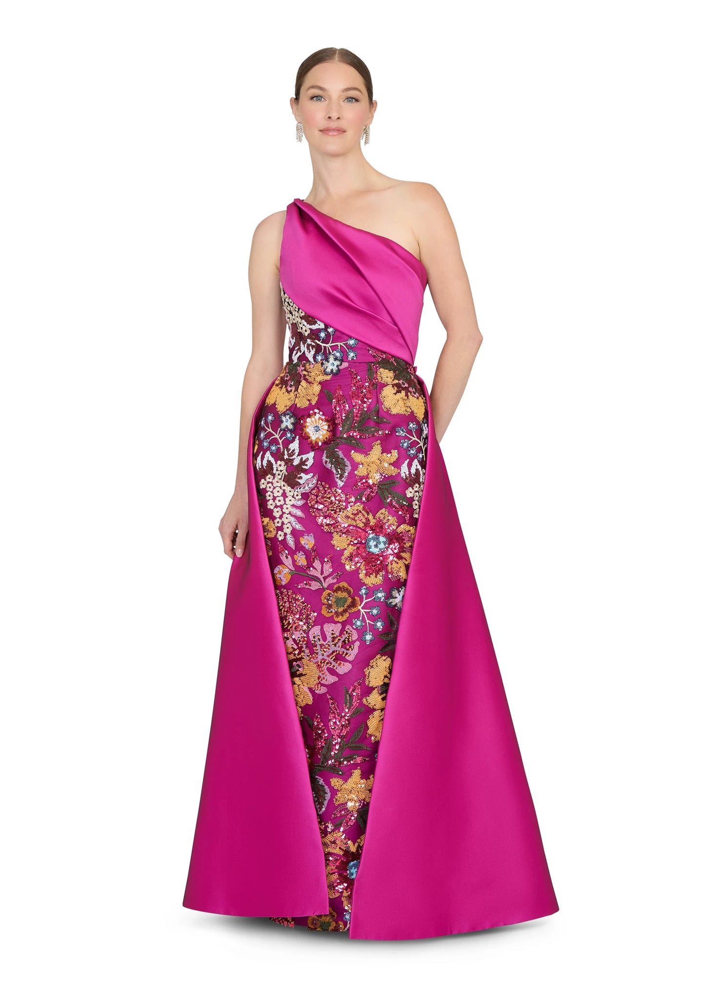 Fuchsia One Shoulder Embroidery Floral Sheath Mother of the Bride Dress