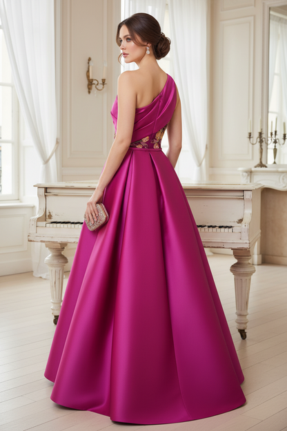 Fuchsia One Shoulder Embroidery Floral Sheath Mother of the Bride Dress