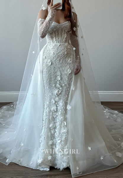 Mermaid Sweetheart Long Sleeves Floral Appliqued Lace Detachable Train Wedding Dress