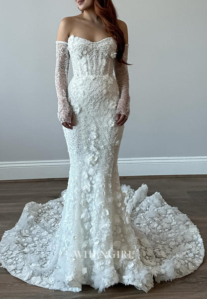 Mermaid Sweetheart Long Sleeves Floral Appliqued Lace Detachable Train Wedding Dress
