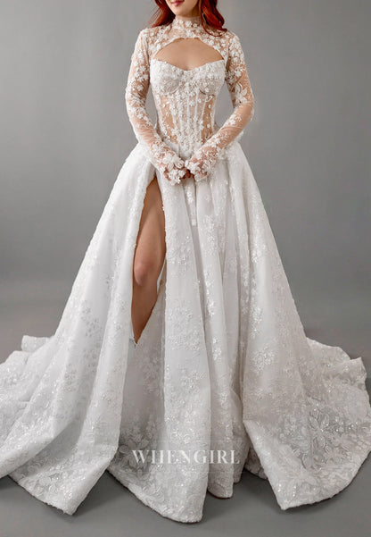 Ball Gown Appliqued Lace Side Slit Back Zipper Chapel Train Wedding Dress with Detachable Long Sleeves