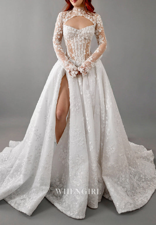 Ball Gown Appliqued Lace Side Slit Back Zipper Chapel Train Wedding Dress with Detachable Long Sleeves