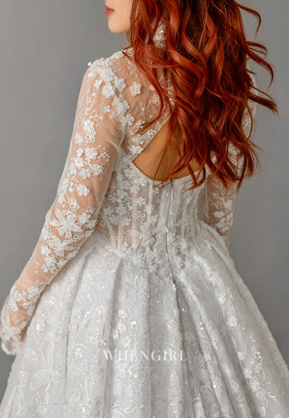 Ball Gown Appliqued Lace Side Slit Back Zipper Chapel Train Wedding Dress with Detachable Long Sleeves