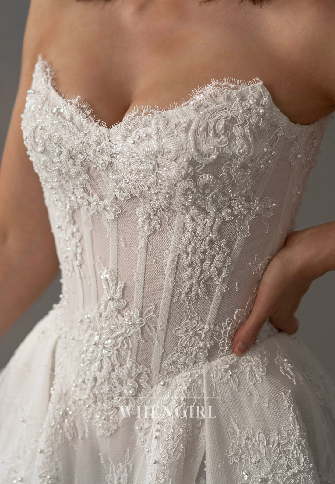 Strapless Sleeveless Appliqued Lace Beaded Side Slit A-Line Chapel Train Wedding Dress