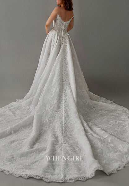 Strapless Sleeveless Appliqued Lace Beaded Side Slit A-Line Chapel Train Wedding Dress