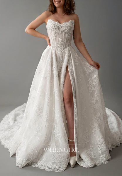 Strapless Sleeveless Appliqued Lace Beaded Side Slit A-Line Chapel Train Wedding Dress