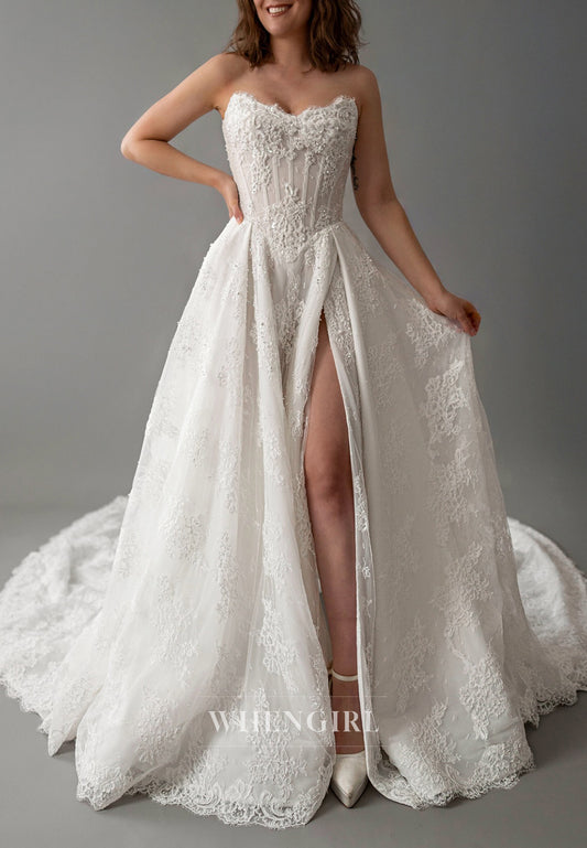 Strapless Sleeveless Appliqued Lace Beaded Side Slit A-Line Chapel Train Wedding Dress
