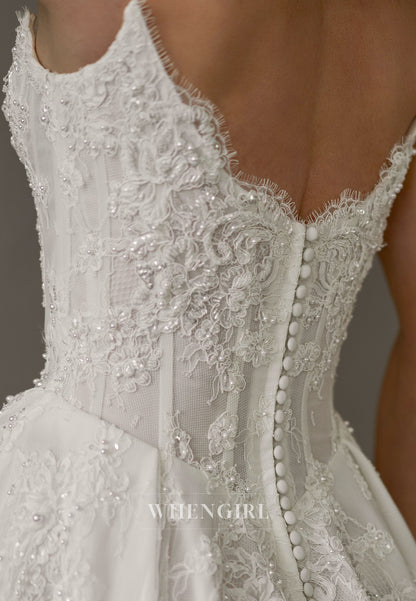 Strapless Sleeveless Appliqued Lace Beaded Side Slit A-Line Chapel Train Wedding Dress