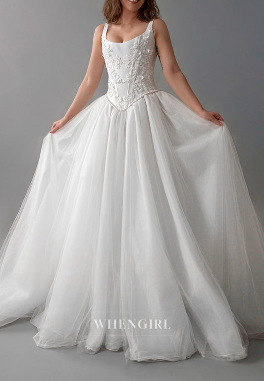 Scoop Neck Regular Straps Sleeveless Beaded Lace Up A-Line Wedding Dress with Chapel Train