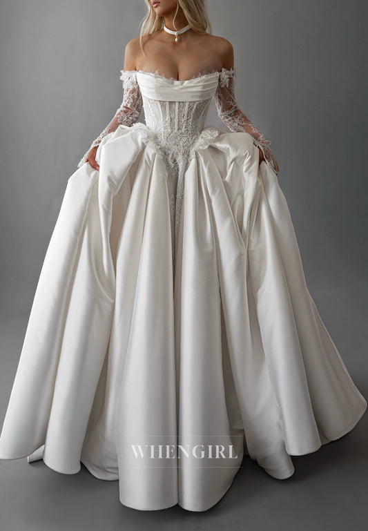 Off Shoulder Beaded Lace Long Sleeves Ball Gown Wedding Dress with Chapel Train