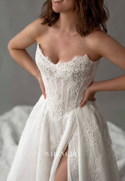 Strapless Sleeveless Appliqued Lace Beaded Side Slit A-Line Chapel Train Wedding Dress