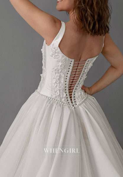 Scoop Neck Regular Straps Sleeveless Beaded Lace Up A-Line Wedding Dress with Chapel Train
