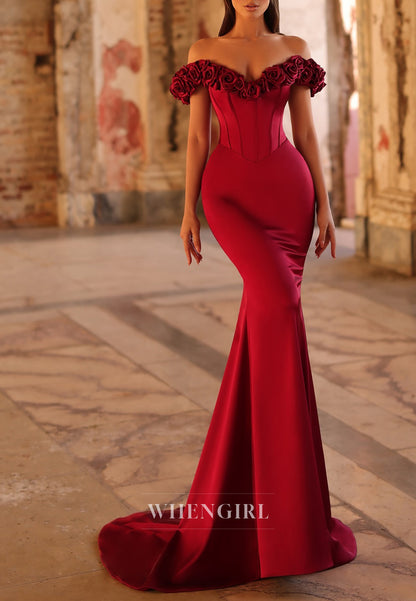 Burgundy Sweep Train 3D Flowers Sweetheart Mermaid Evening Formal Dress