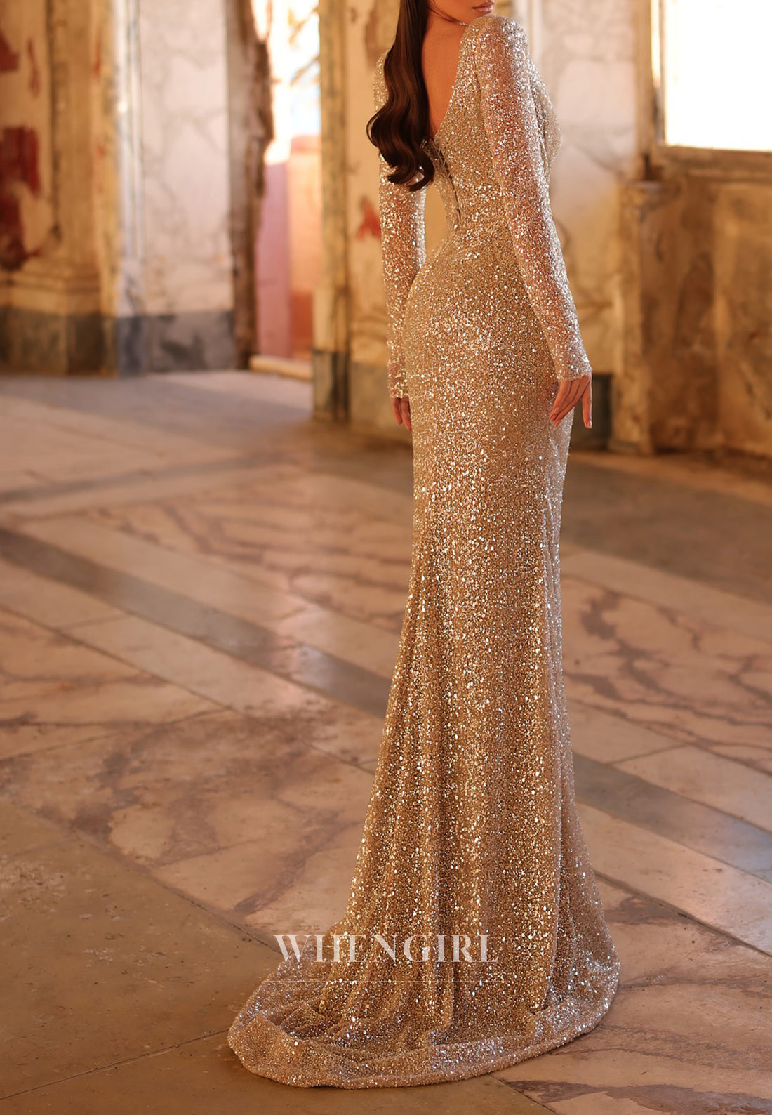 Champagne V-Neck Long Sleeves Sequins Side Slit Mermaid Formal Evening Gown
