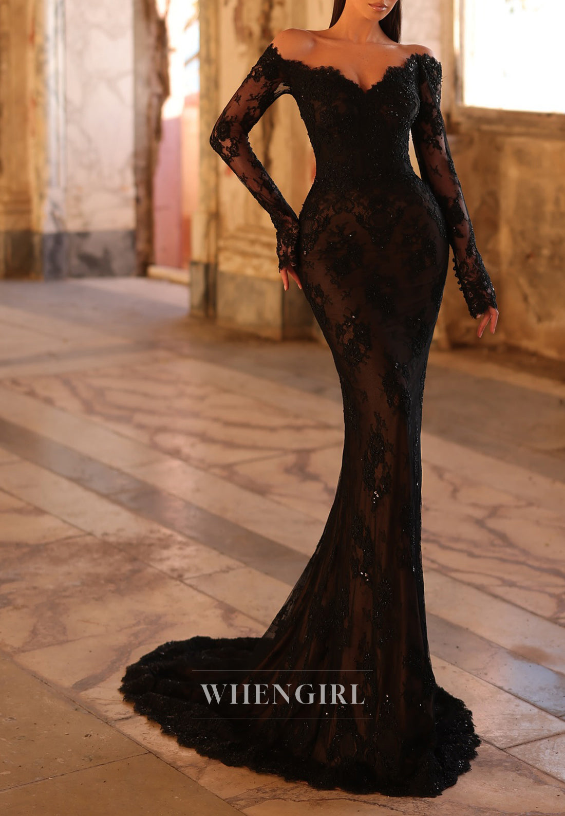 Black Sex Scalloped Neck Train Off Shoulder Appliques Lace Mermaid Formal Evening Gown with Long Sleeves