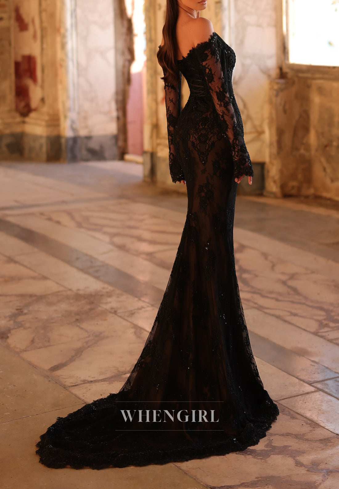 Black Sex Scalloped Neck Train Off Shoulder Appliques Lace Mermaid Formal Evening Gown with Long Sleeves