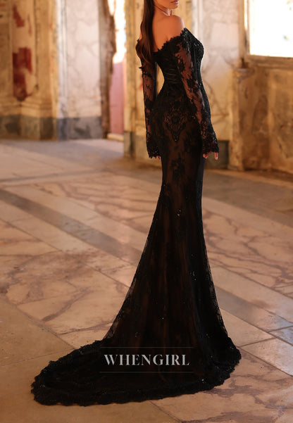 Black Sex Scalloped Neck Train Off Shoulder Appliques Lace Mermaid Formal Evening Gown with Long Sleeves