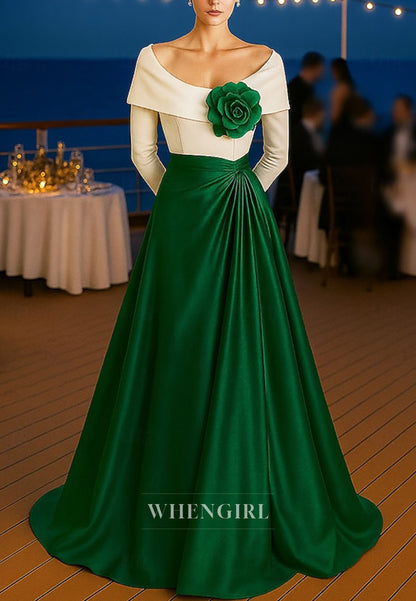 Scoop Neck Long Sleeves 3D Flower A-Line Back Zipper Mother of the Bride Dress