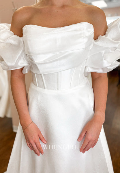 A-Line Strapless Short Puff Sleeves Pleated Wedding Dress