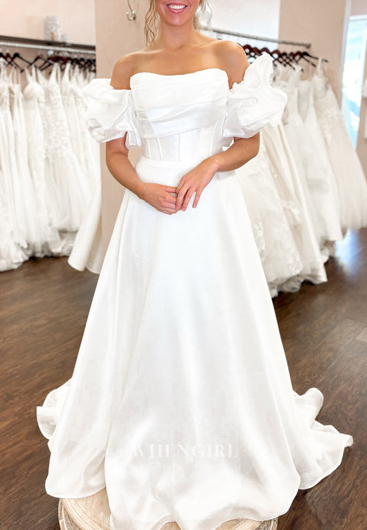 A-Line Strapless Short Puff Sleeves Pleated Wedding Dress