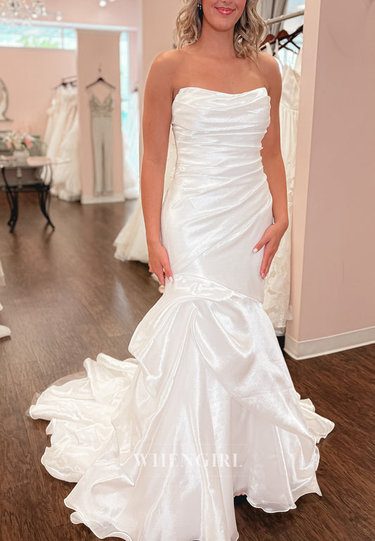 Tube Top Sleeveless Ruched Mermaid Satin Wedding Dress with Sweep Train