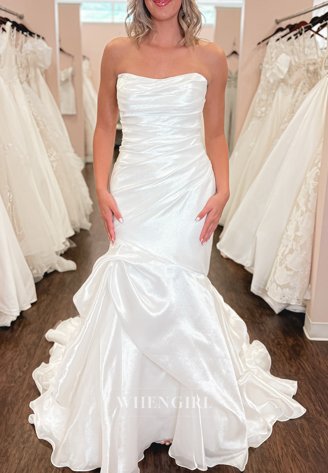 Tube Top Sleeveless Ruched Mermaid Satin Wedding Dress with Sweep Train